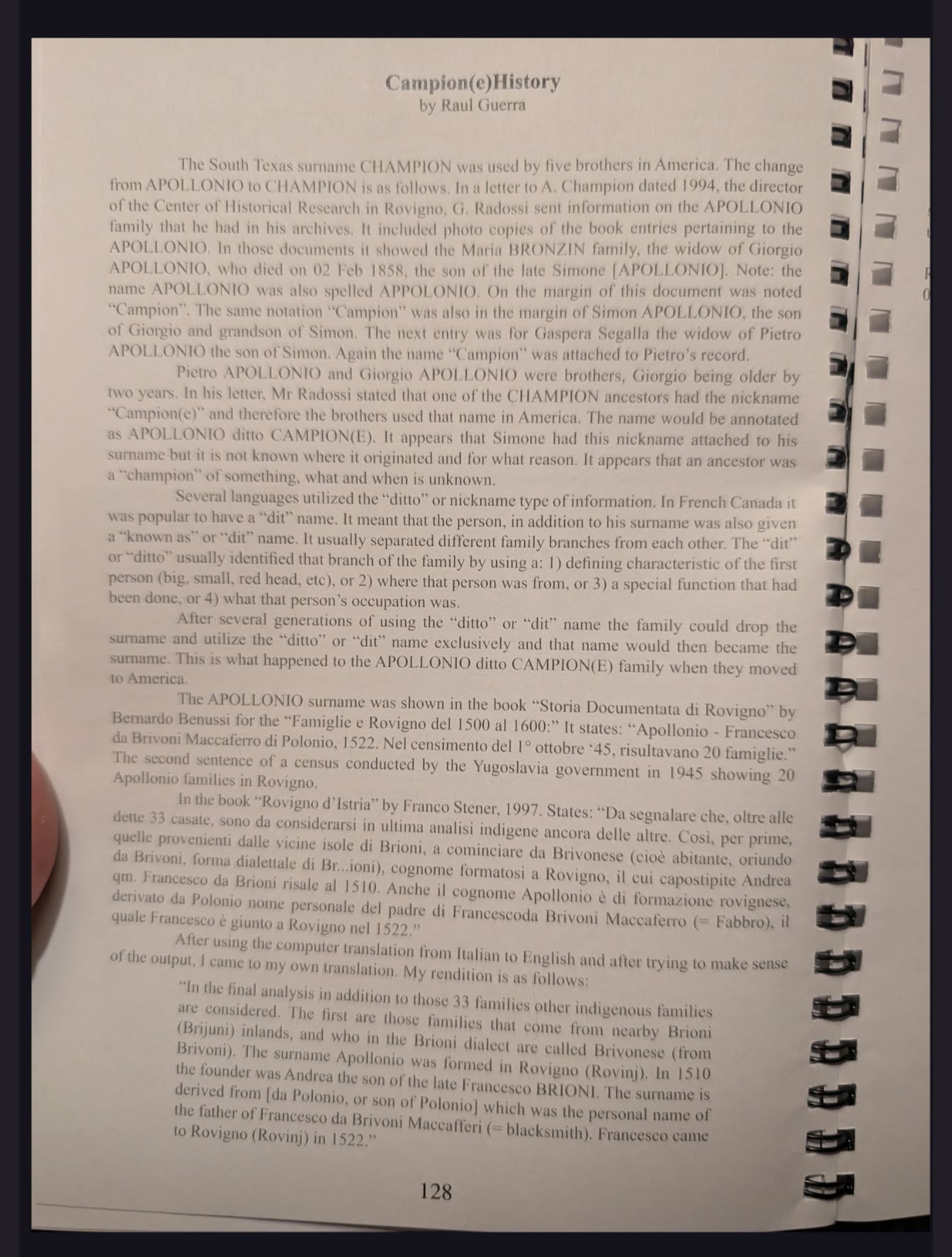 Page 128 of the family history book, Campion(e) History by Raul Guerra