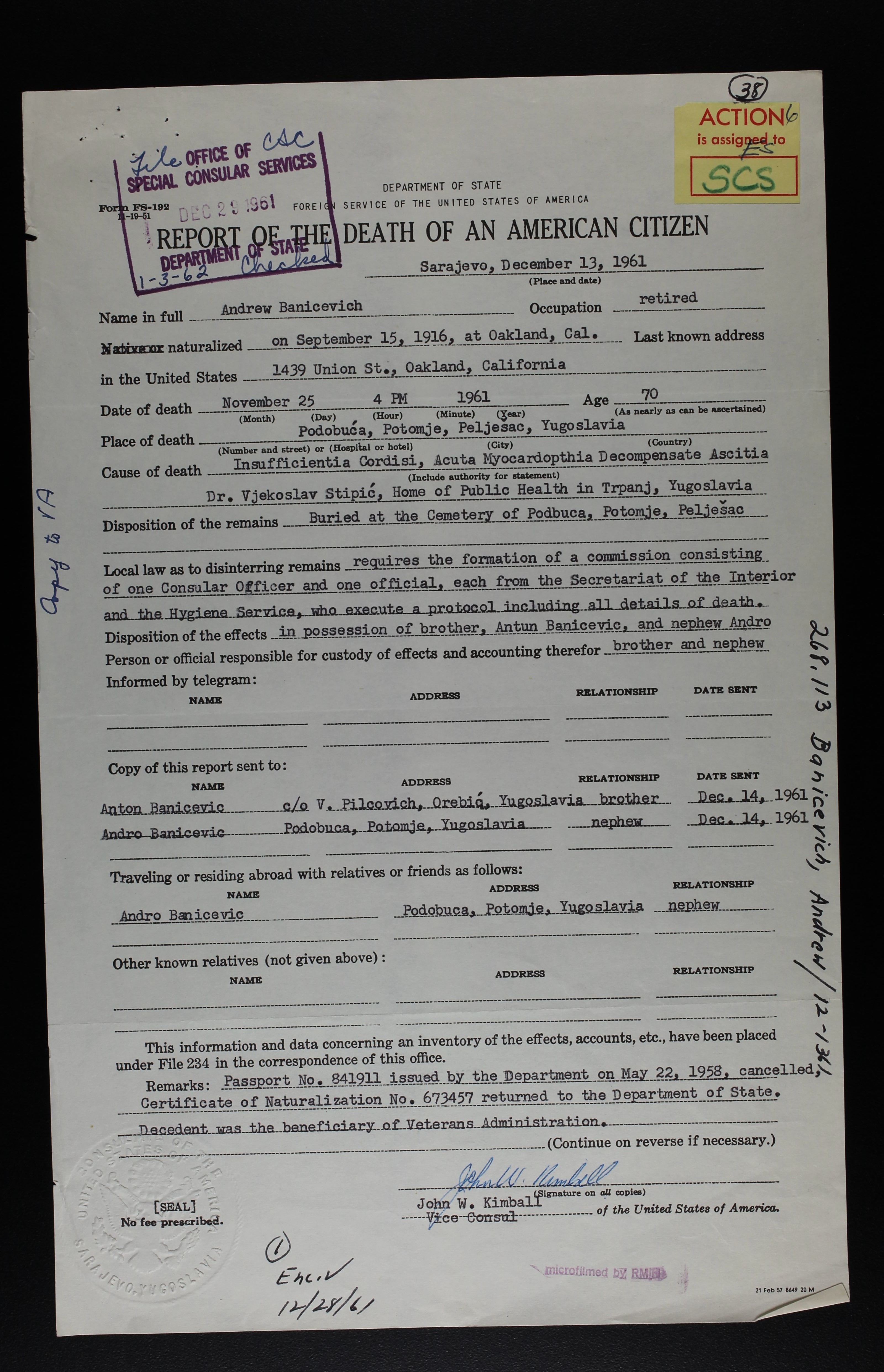 1961 Report of the Death of an American Citizen for Andrew Banicevich, filed from the U.S. Consulate in Sarajevo, naming brother Antun Banicevic and nephew Andro Banicevic
