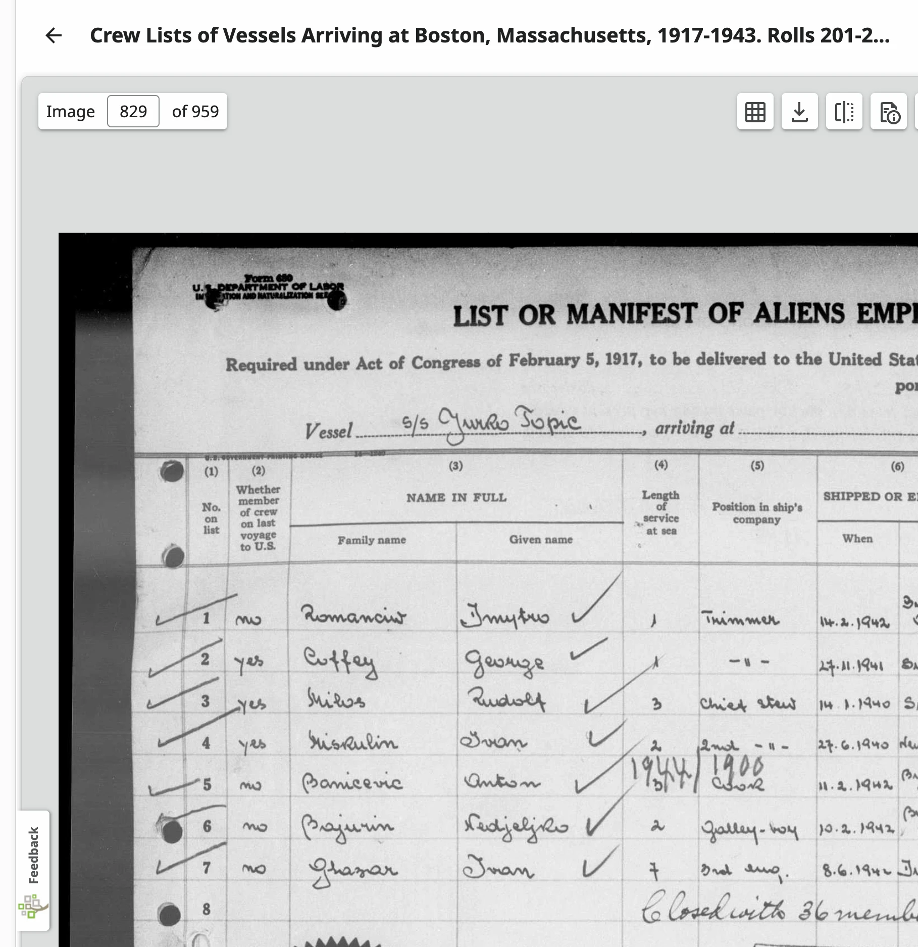 1942 Boston crew list for the S/S Jurko Topic, showing line 5: Banicevic, Anton, Cook, shipped 11 February 1942 at Buenos Aires