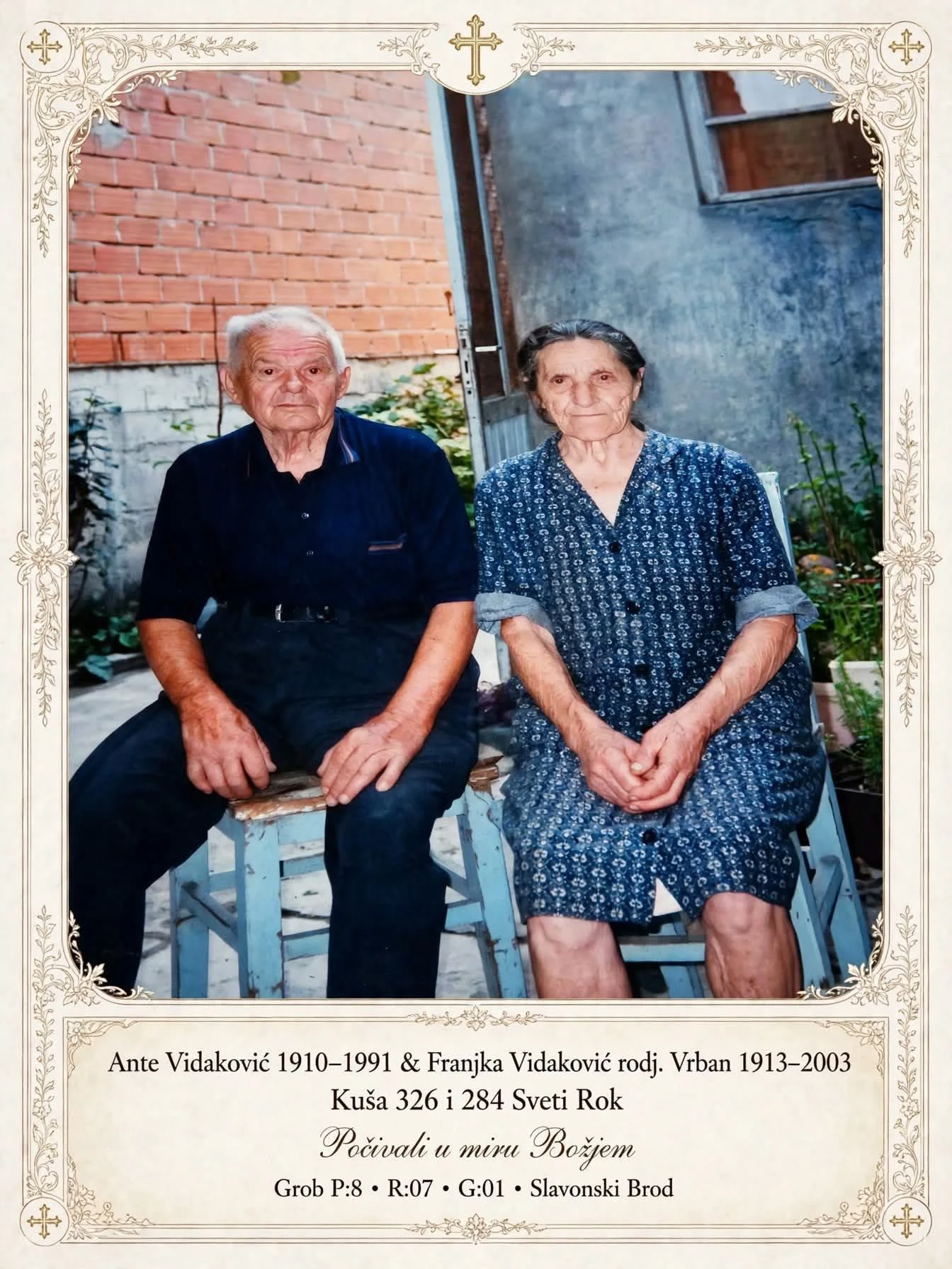 Memorial card for Ante Vidaković and Franjka Vidaković, rođena Vrban, showing a photograph of the couple seated in a courtyard