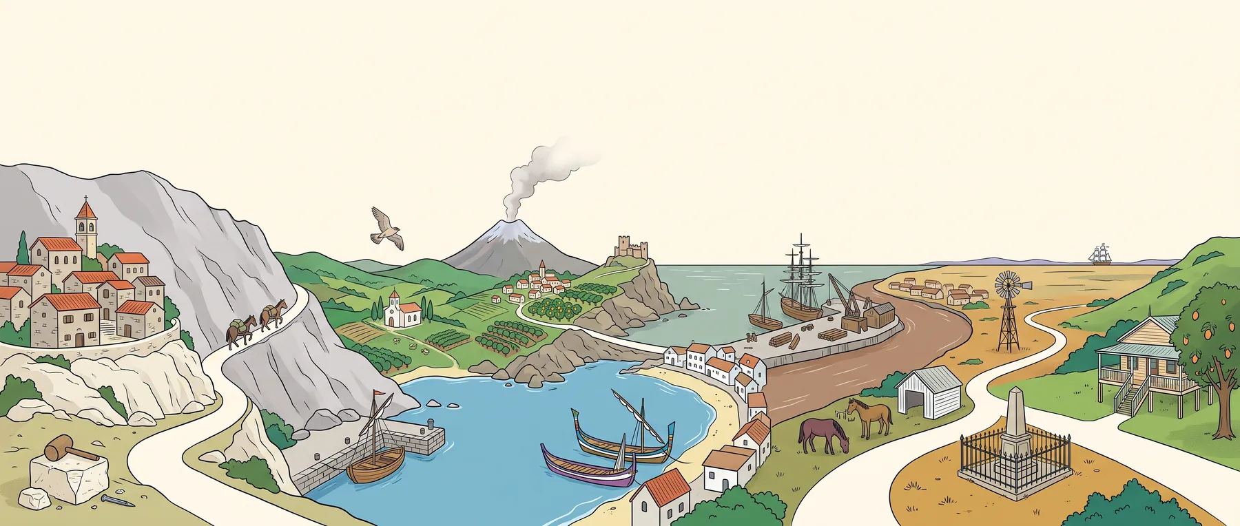 One long imaginary landscape joining every place this family came from, with a pale road running through it. From the left: a stone hill village in Istria with a stonecutter's mallet; a bare grey mountain with packhorses and a boat at a stone quay; a green Italian valley with a white church and a falcon overhead; a smoking volcano with a village in orange groves on its slopes; a castle on a rock above swordfish boats with tall prows; a white town above a beach; an English dockyard with a tall ship; a dry plain with horses, a windmill, a railed monument and a ship far out; and on the right a Queenslander house on stilts with a mango tree.