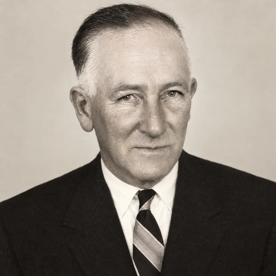 A cleaned-up black and white portrait of an older man with swept-back grey hair, in a dark suit, white shirt and a diagonally striped tie, looking straight at the camera with a slight smile.