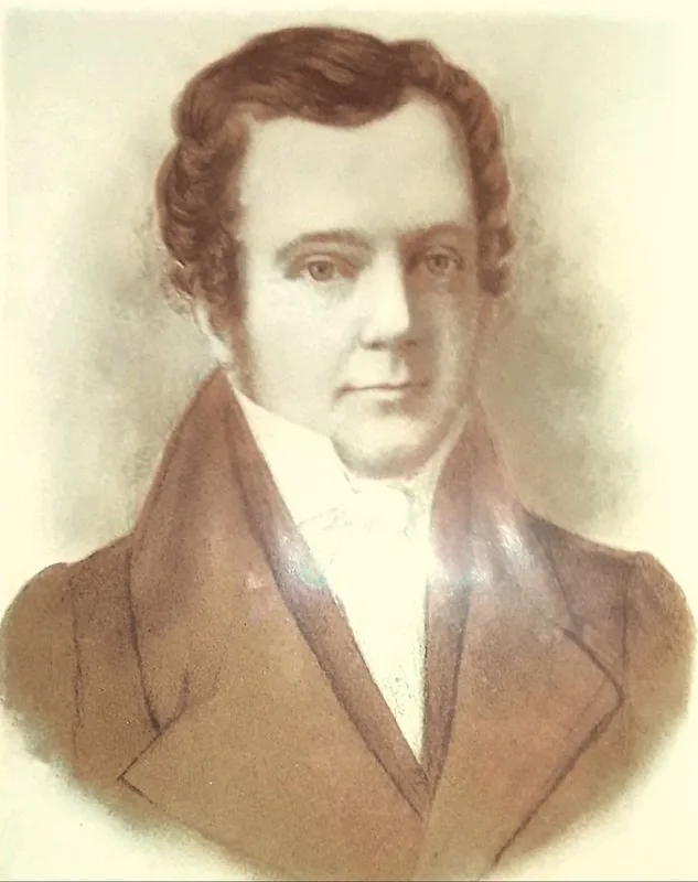 Painted portrait of a young man with reddish-brown curling hair, a high white stock and a tan coat.