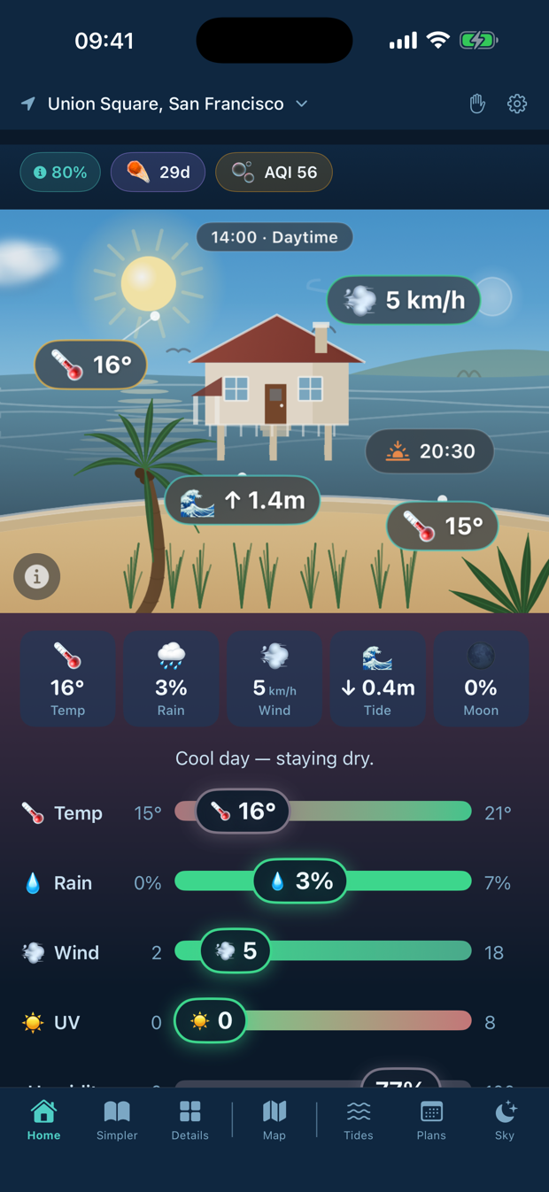 Sky Warden home screen — a living weather scene