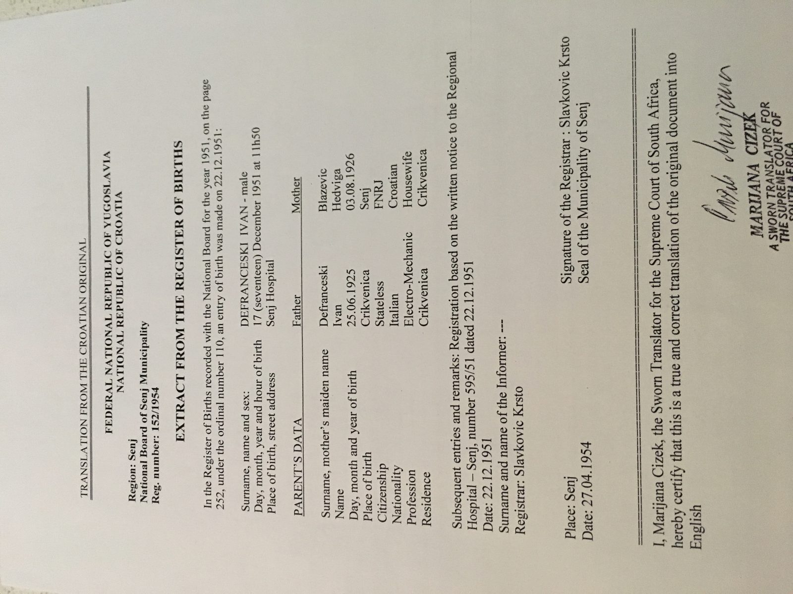 Ivan Defranceski Birth Certificate - Translated
