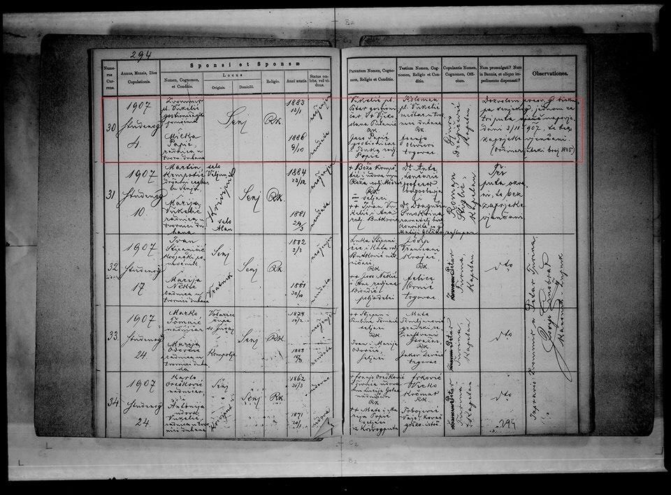 Senj marriage register 1907, page 294, entry 30