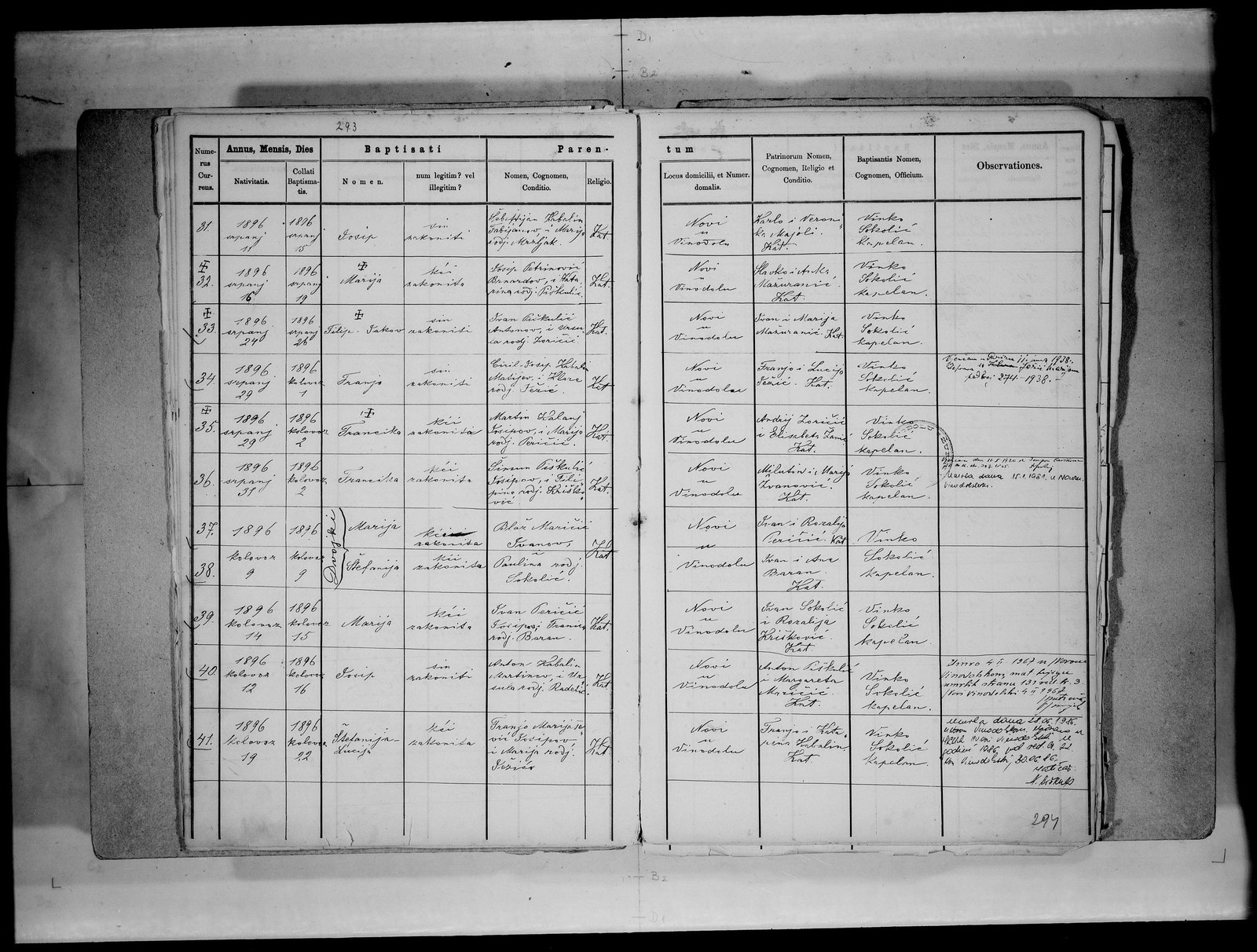 Franciska Kalanj baptism — Novi Vinodolski str.293 no.35, born 29 Jul 1896