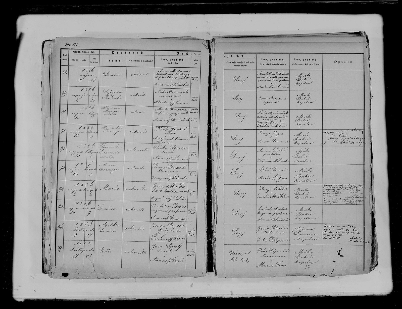 Senj baptismal register 1886, page 122, entry 96 — Milka Lucia Papić