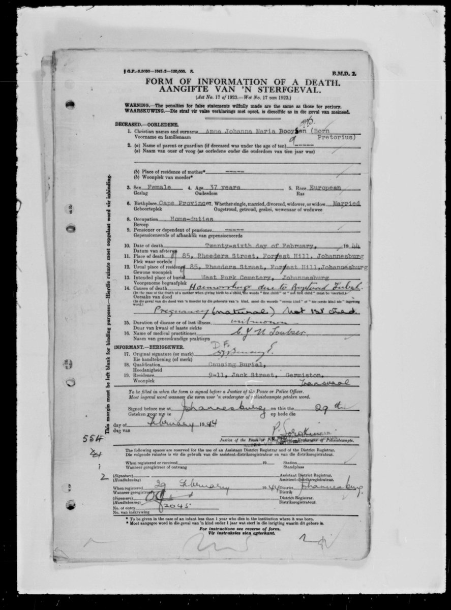 1944 death form for Anna Johanna Maria Booysen, born Pretorius.