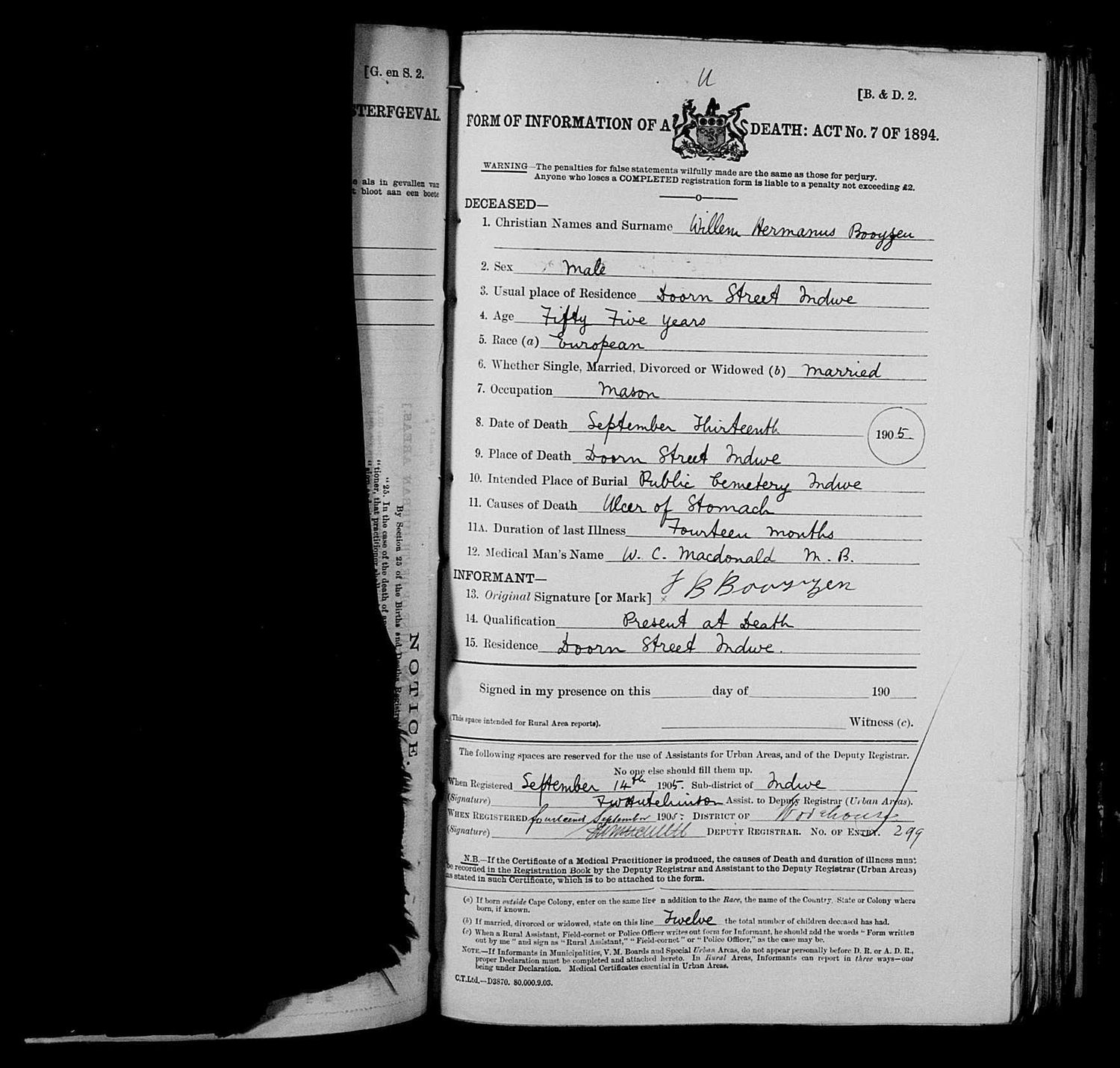 Cape Colony death registration form for Willem Hermanus Booysen, 1905, handwritten in ink.