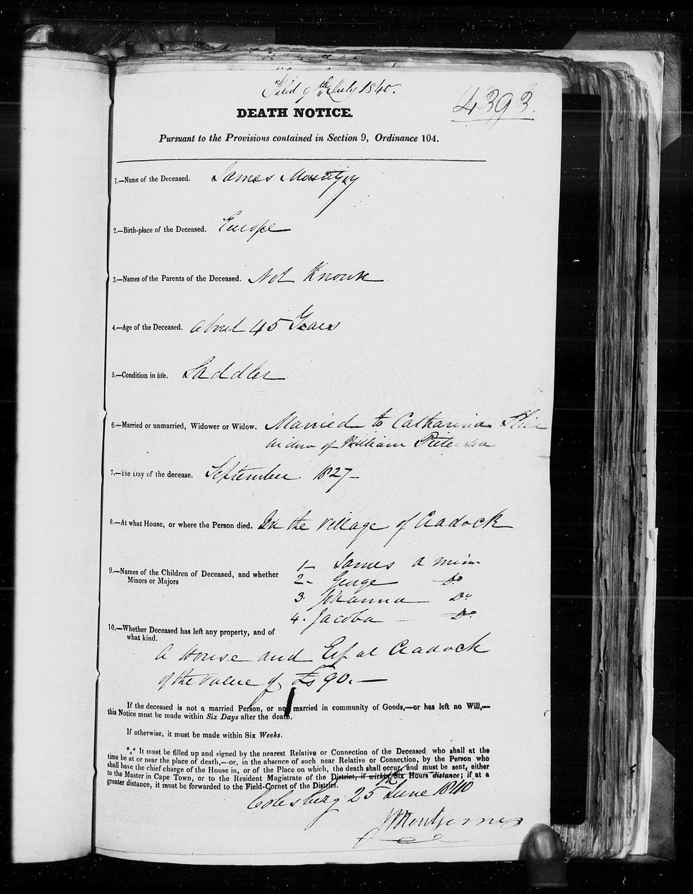 Cape death notice of 1840 for James Montjoy, completed in ink on a printed form.