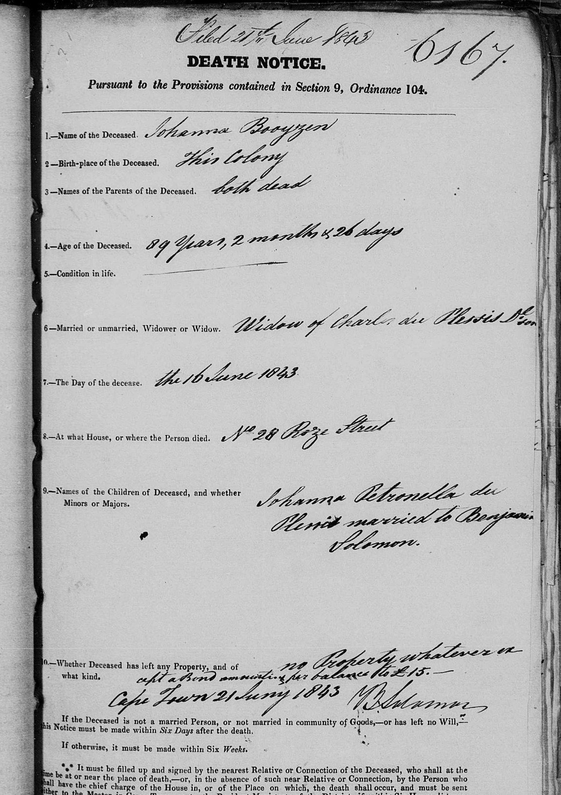 1843 death notice number 6167 for Johanna Booyzen, widow of Charles du Plessis, of 28 Roze Street, Cape Town.