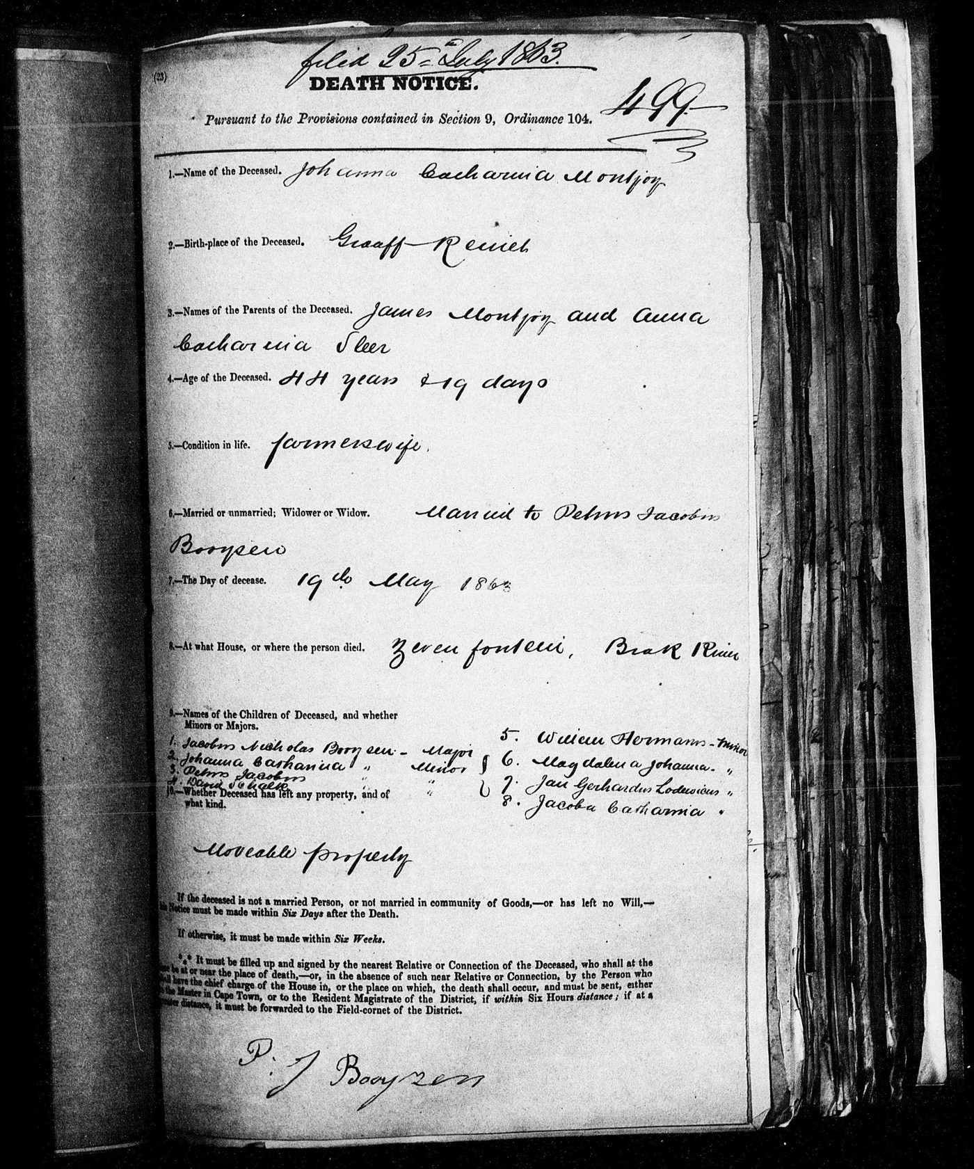 Printed Cape death notice form of 1863 for Johanna Catharina Montjoy, completed in ink.
