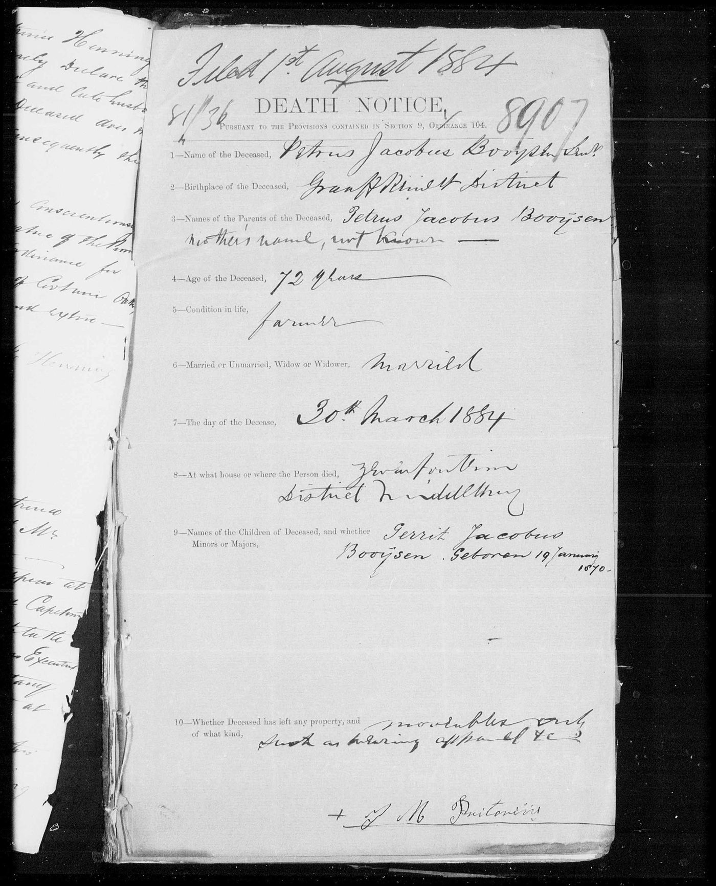 1884 Cape death notice for Petrus Jacobus Booysen, estate number 8907.