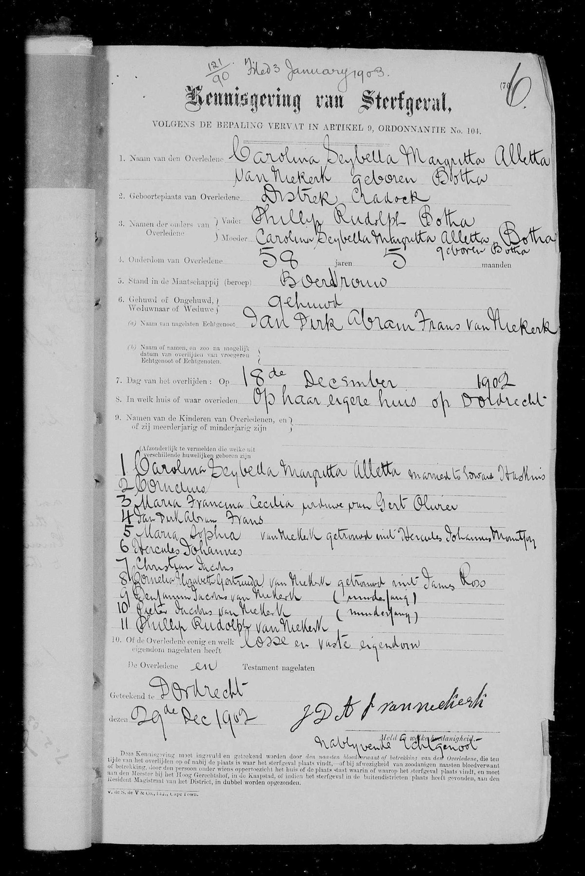 1902 Kennisgeving van Sterfgeval for Carolina Deybella Margrietta Alletta van Niekerk, born Botha, of Dordrecht.