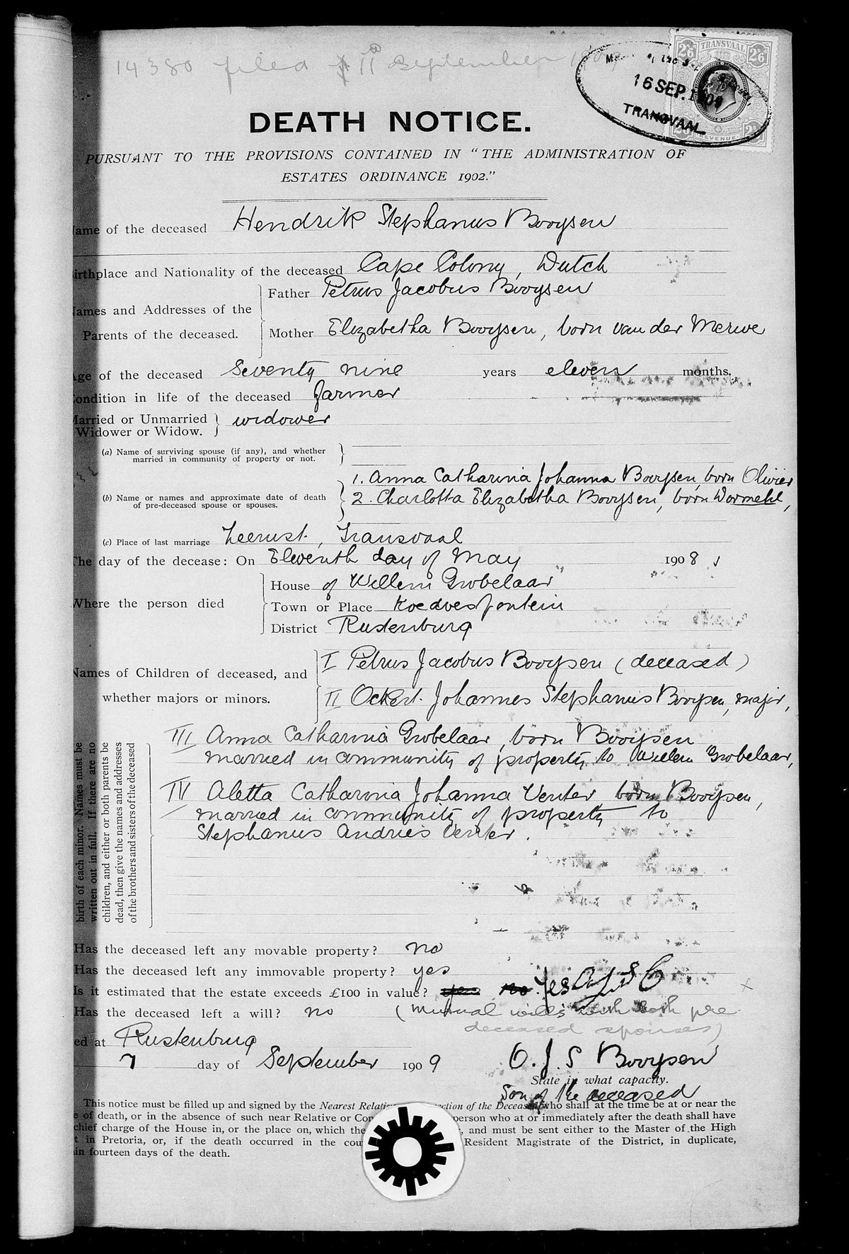 1908 Transvaal death notice for Hendrik Stephanus Booysen, estate 14380.