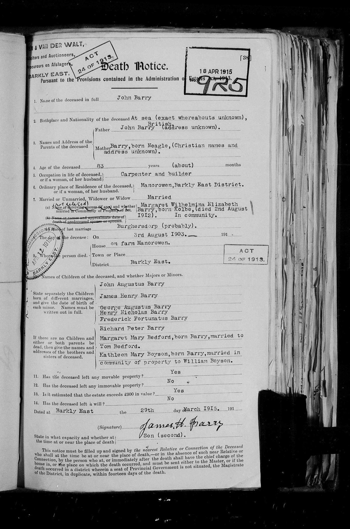 The full 1915 death notice for John Barry, estate 925, showing the list of eight children.