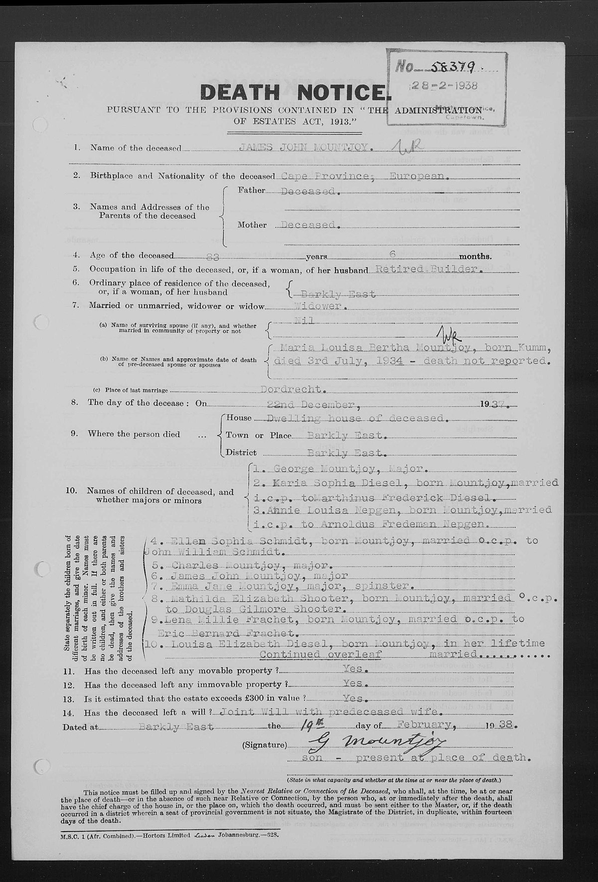 1938 death notice number 58379 for James John Mountjoy, retired builder of Barkly East.