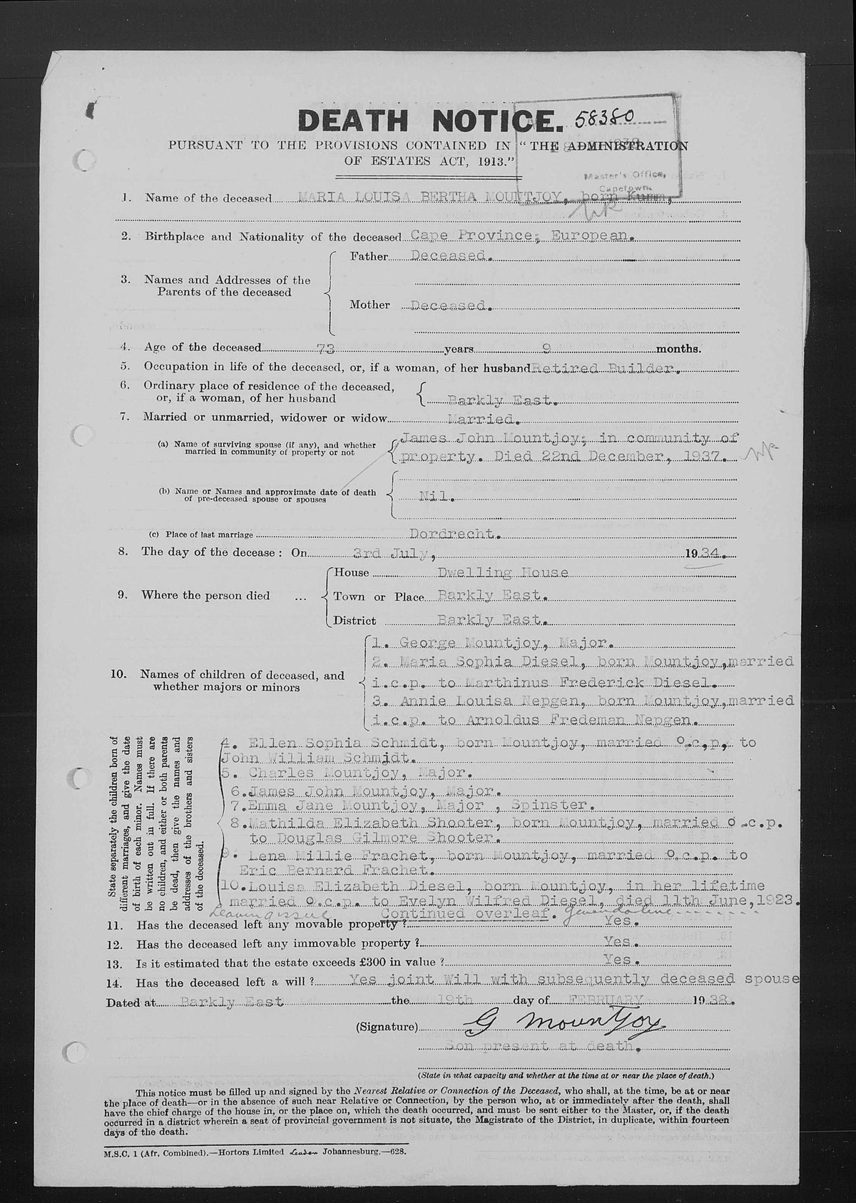1938 death notice number 58380 for Maria Louisa Bertha Mountjoy, born Kumm.