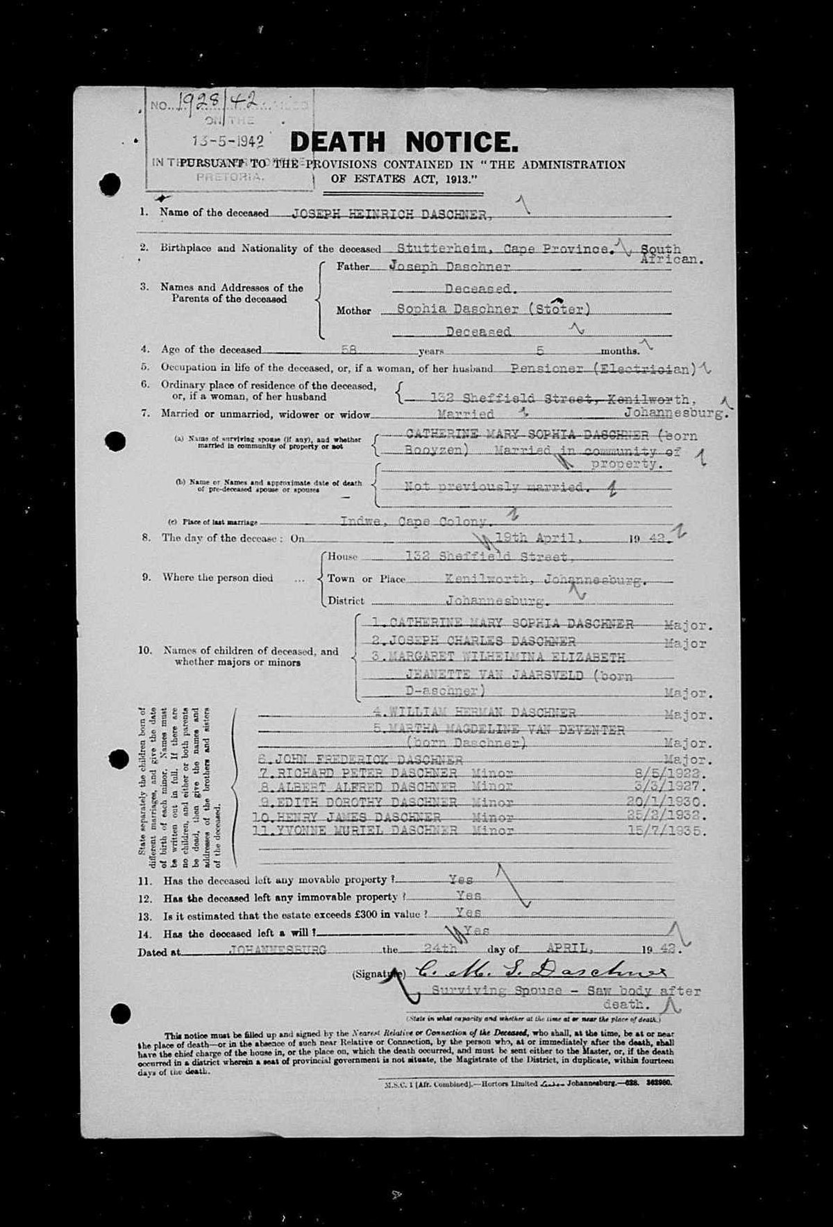 Typewritten 1942 death notice for Joseph Heinrich Daschner, estate 1928/42, filed at Pretoria.