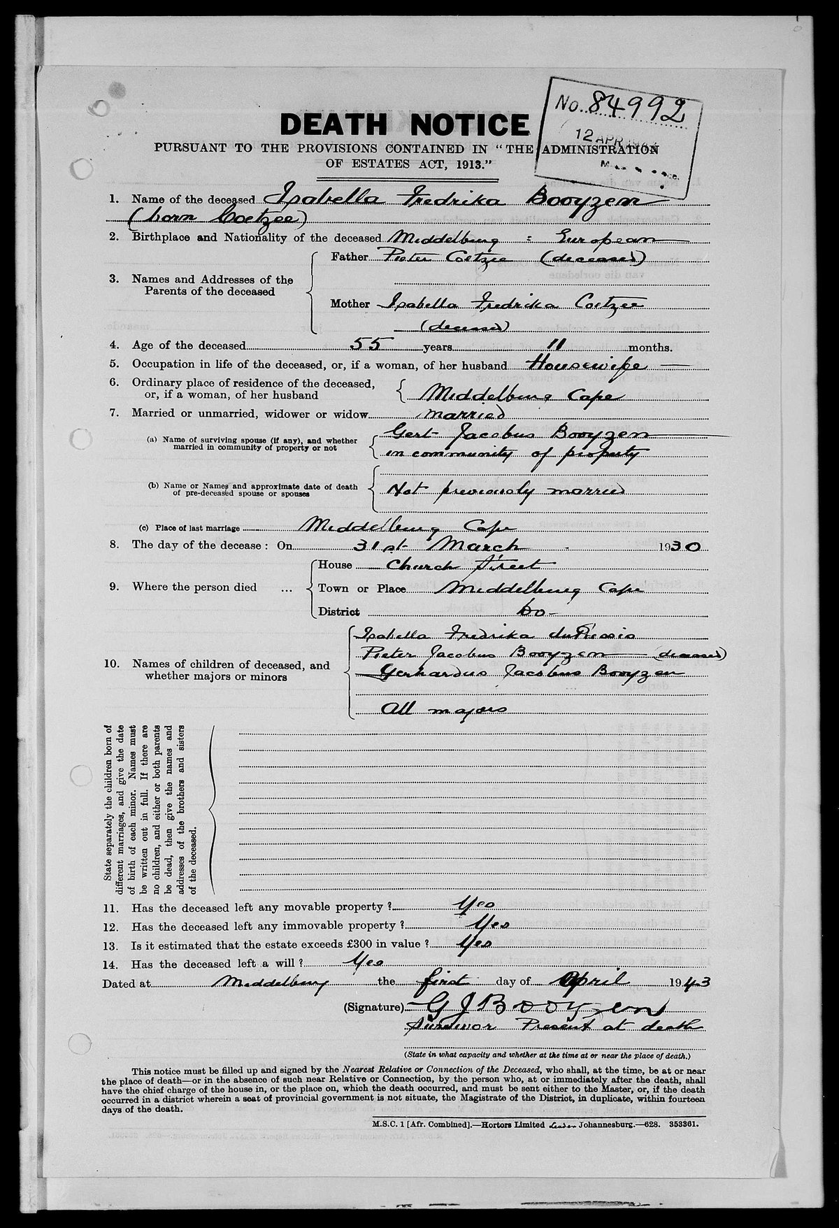1943 death notice number 84992 for Isabella Fredrika Booyzen, born Coetzee, of Middelburg, Cape.