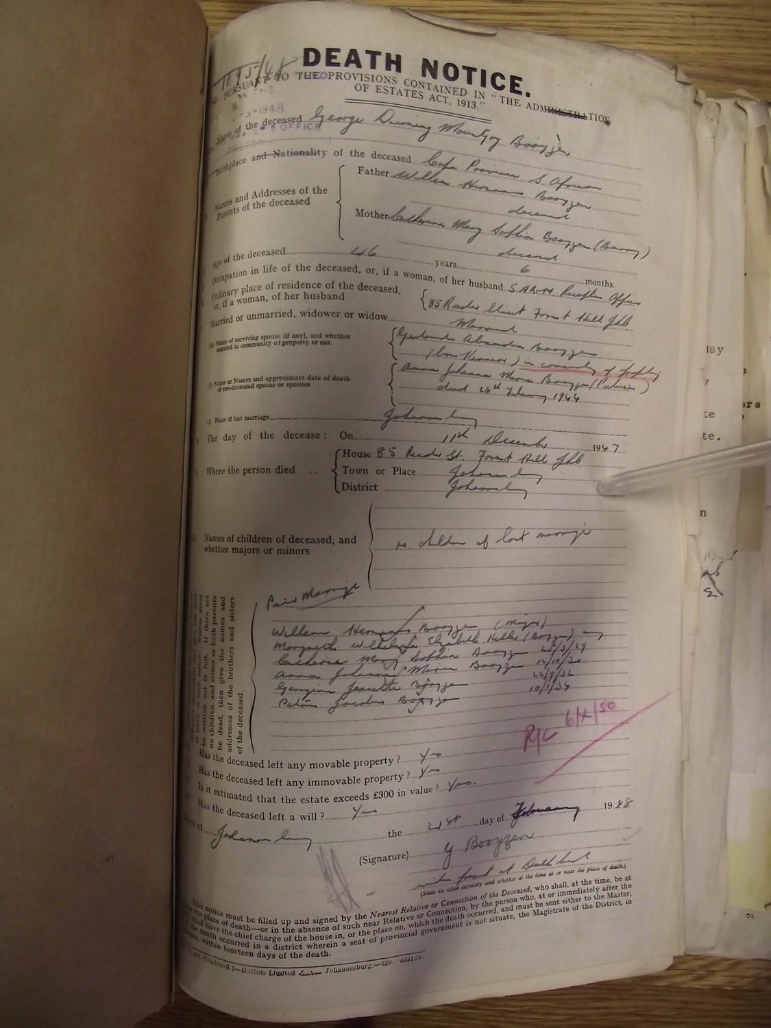 Handwritten 1947 death notice for George Downing Mountjoy Booyzen, Johannesburg.