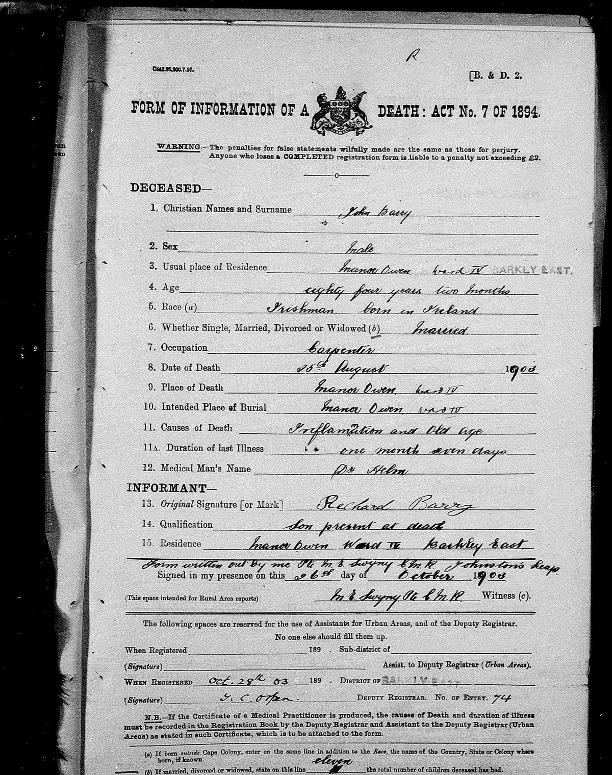 1903 Form of Information of a Death for John Barry of Manor Owen, Barkly East.
