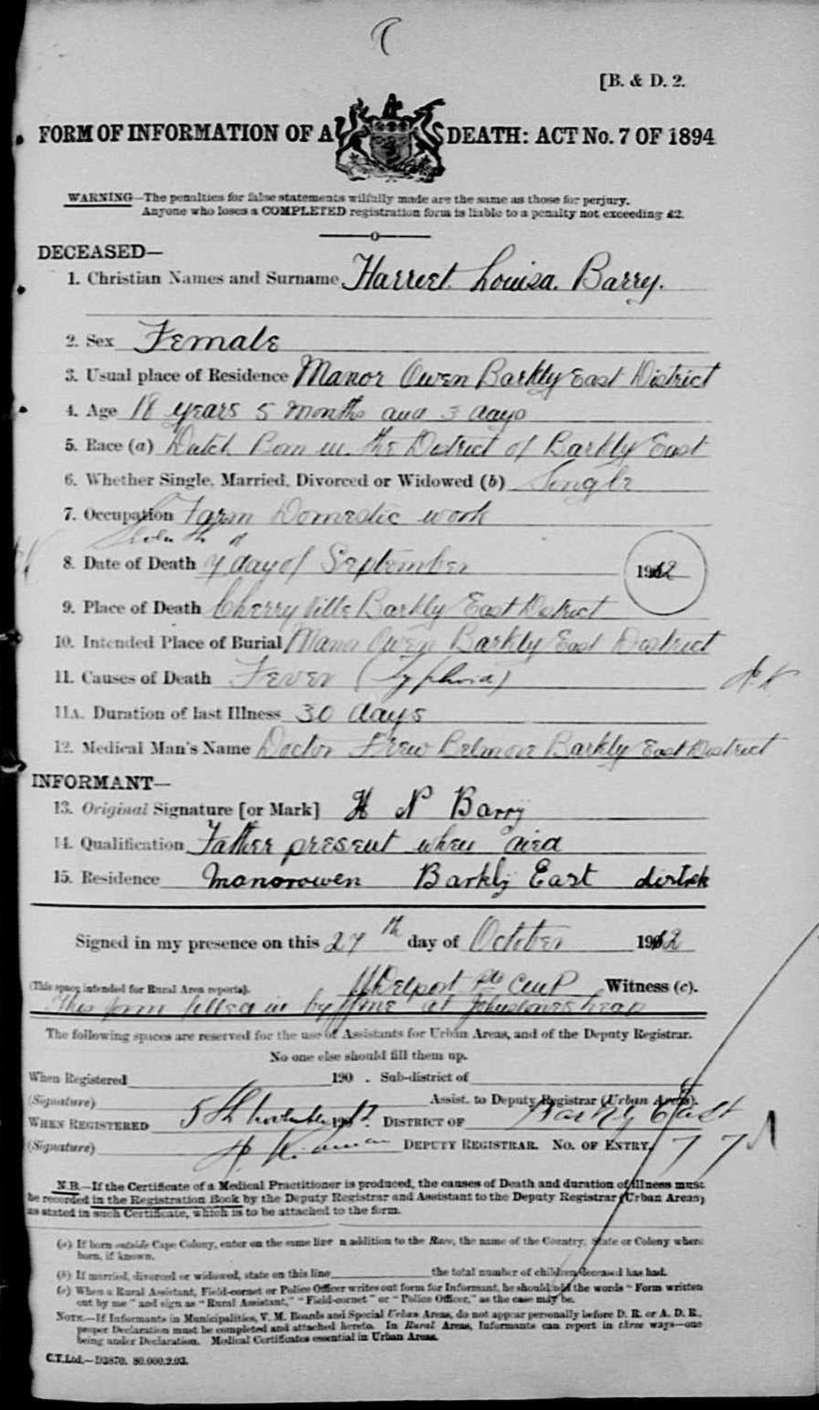 1912 death registration for Harriet Louisa Barry of Manor Owen, Barkly East.