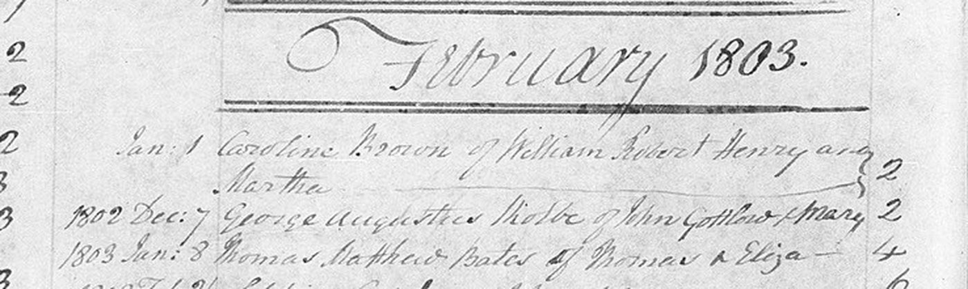 Register entry under the heading February 1803 reading 1802 Dec 7 George Augustus Kolbe of John Gottlob and Mary, 2.