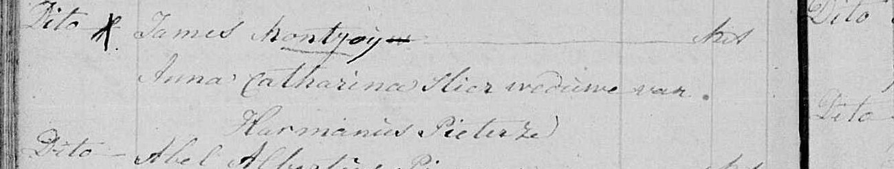 Register entry reading James Montjoy, Met Anna Catharina Slier weduwe van Harmanus Pieterzen.