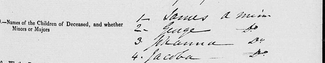 Line nine of the 1840 death notice listing James, George, Johanna and Jacoba, all minors.