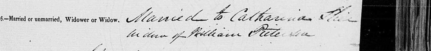 Line six of the 1840 death notice: Married to Catharina Slier, widow of William Pietersen.