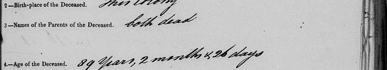 Line three of the 1843 death notice: Names of the Parents of the Deceased — both dead.
