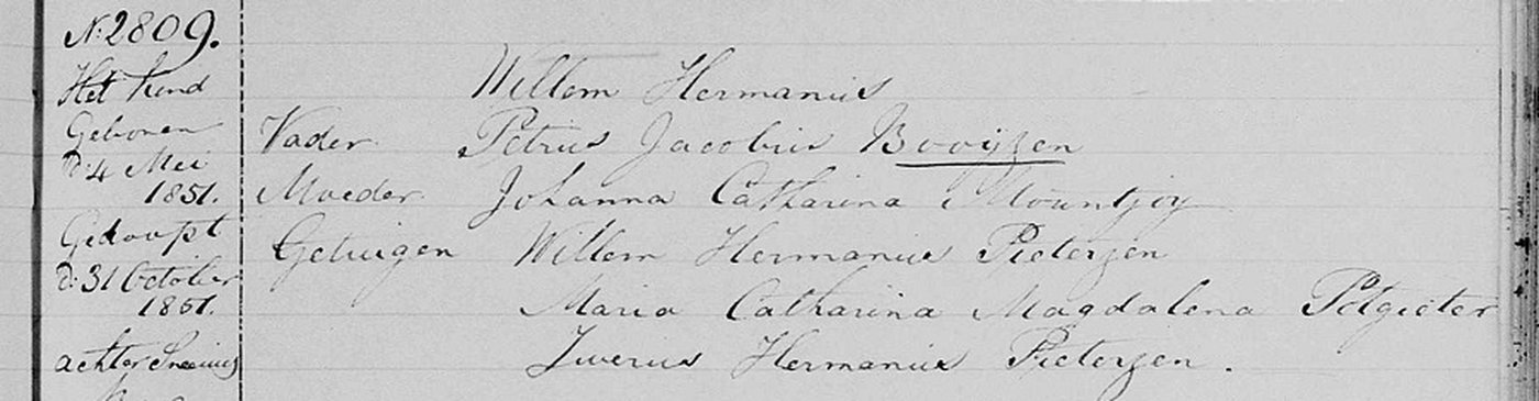 Dutch Reformed baptism register entry 2809 for Willem Hermanus, born 4 May 1851.