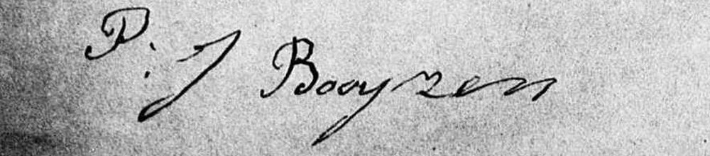 Signature at the foot of the 1863 death notice reading P. J. Booy, an angular letter, then en.