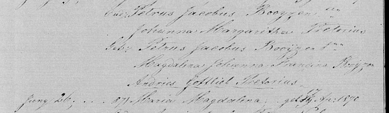 1870 baptism register entry naming the parents as Petrus Jacobus Booyzen and Johanna Margaritha Pretorius.