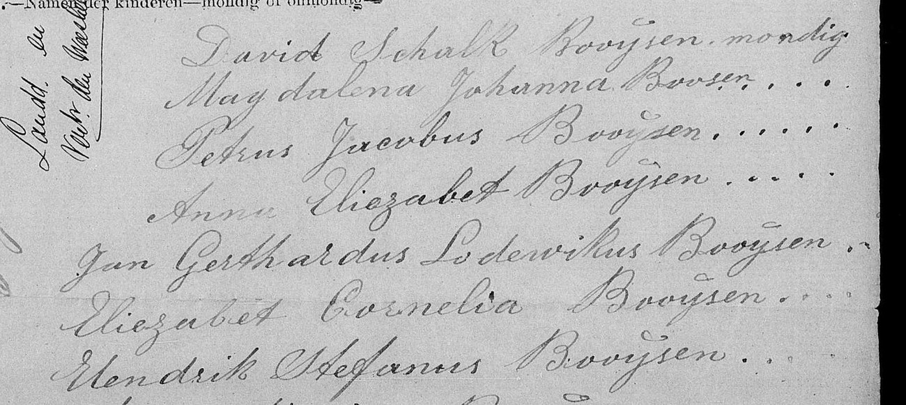 Line twelve of the 1876 Sterfkennis listing eight Booijsen children, all majors.