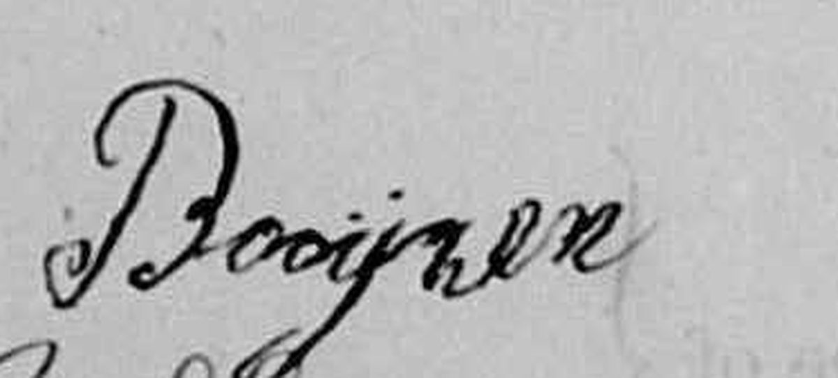 Extreme magnification of the groom's 1879 signature surname, reading Booij-something-en.