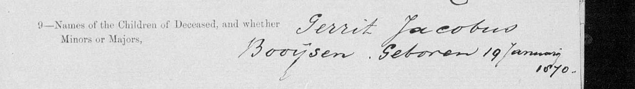 Line nine of the 1884 death notice naming Gerrit Jacobus Booysen born 19 January 1870.