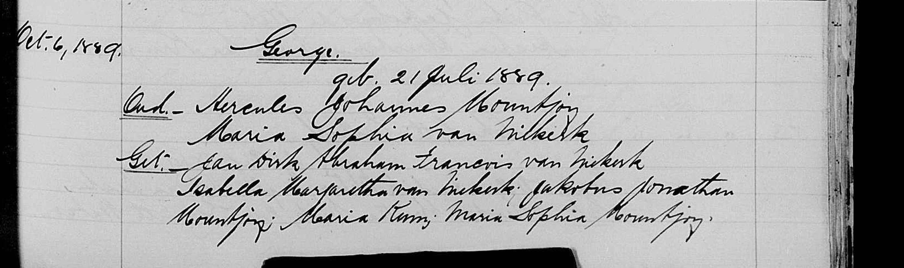 1889 baptism entry for George, son of Hercules Johannes Mountjoy and Maria Sophia van Niekerk.