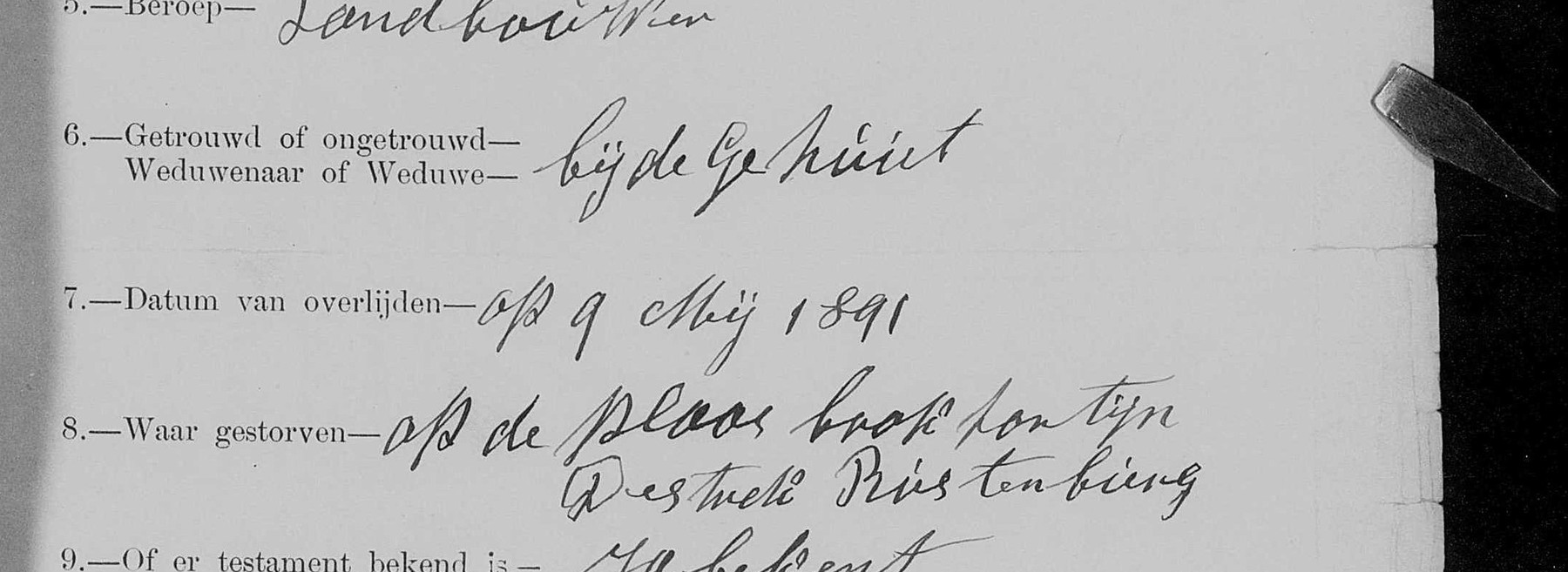 Questions six to eight: gehuwd; 9 May 1891; op de plaas Brakfontijn, district Rustenburg.