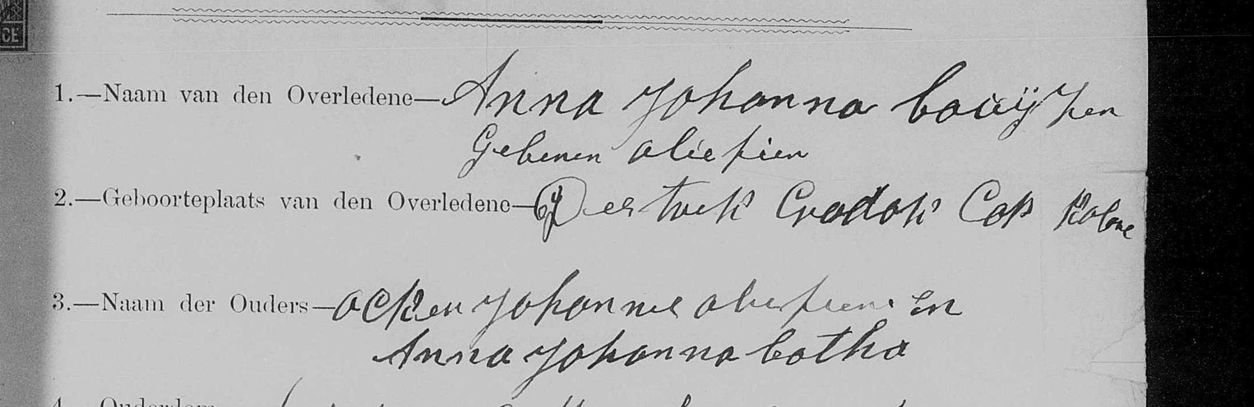 Questions one to three of Sterfkennis 6332: Anna Johanna Booijzen gebooren Oliefier; District Cradock, Cap Kolonie; Ocken Johannes Oliefier en Anna Johanna Botha.