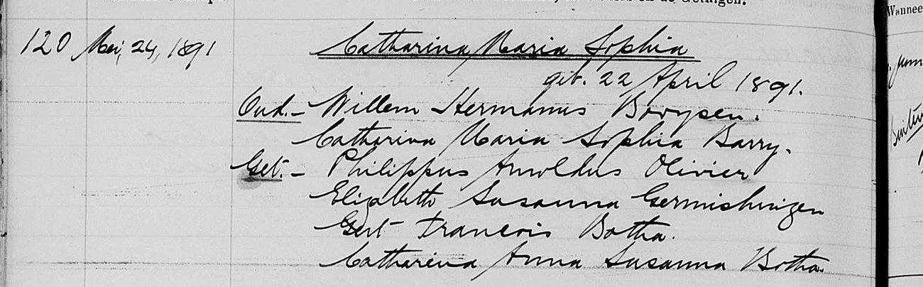 Doop Register Barkly Oost 1891 entry 120 for Catharina Maria Sophia, parents Willem Hermanus Booysen and Catharina Maria Sophia Barry.