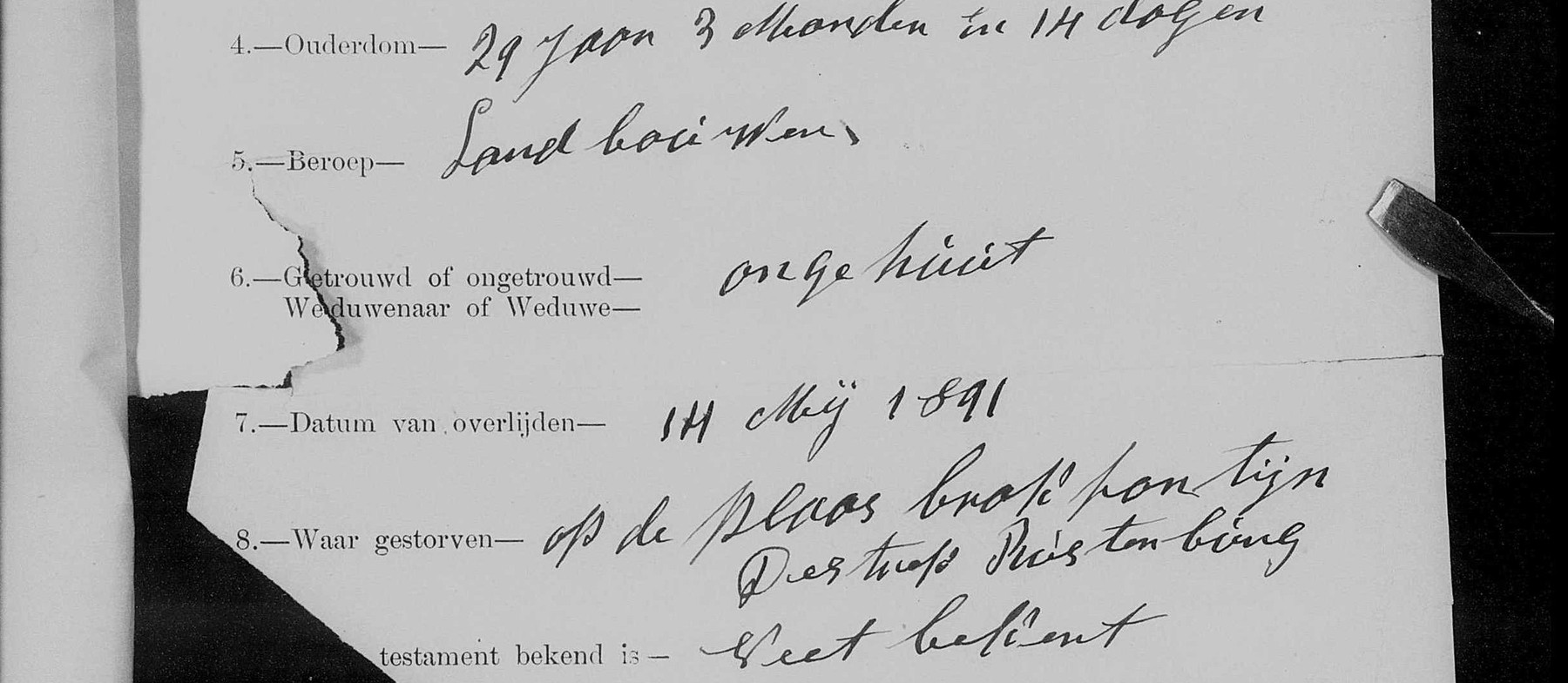 Questions four to nine of Sterfkennis 6361: 29 jaar 3 maanden en 14 dagen; landbouwer; ongehuwd; 14 Mei 1891; op de plaas Brakfontijn, Destrict Rustenburg.