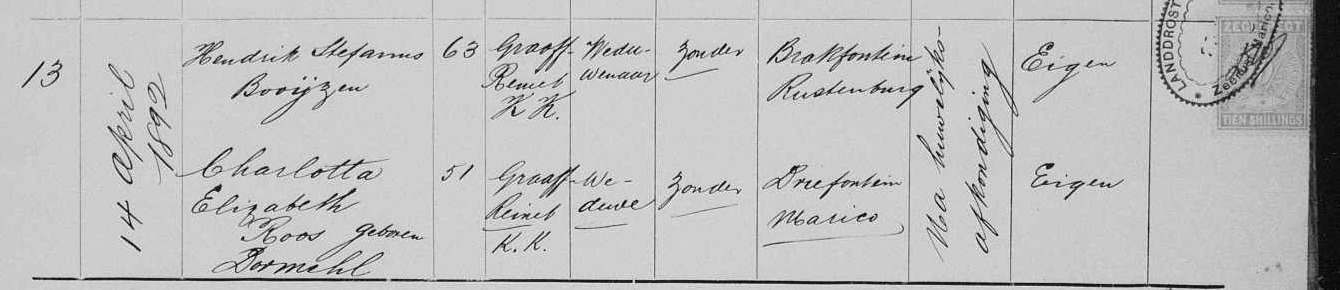 Entry thirteen of the Zeerust marriage register, 14 April 1892: Hendrik Stefanus Booijzen, 63, Graaff-Reinet, widower; Charlotta Elizabeth Roos born Dormehl, 51, Graaff-Reinet, widow.