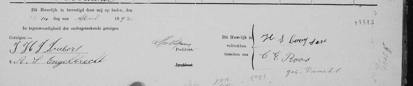 The foot of the page: witnesses J.H.J. Joubert and A.S. Engelbrecht, and the signatures H S Booysen and C E Roos geb. Dormehl.