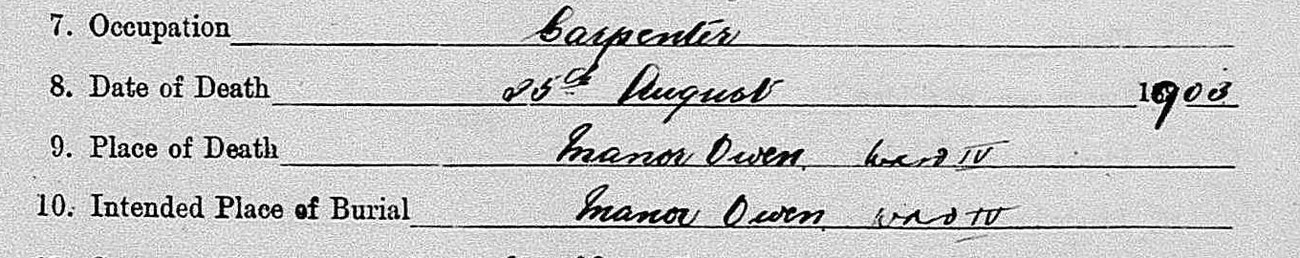 Questions six to eight: married, occupation Carpenter, date of death 25th August 1903.