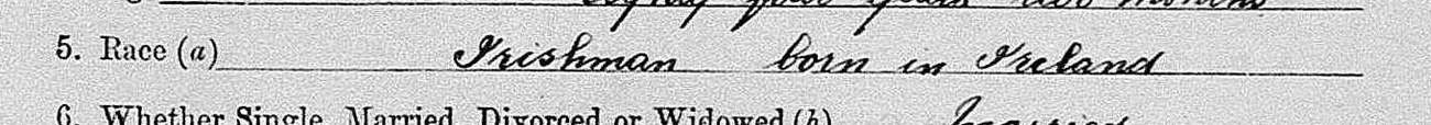 Question five of the 1903 registration: Race — Irishman born in Ireland.