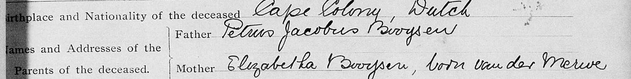 Line three of the 1908 notice: Father Petrus Jacobus Booysen; Mother Elizabetha Booysen, born van der Merwe.