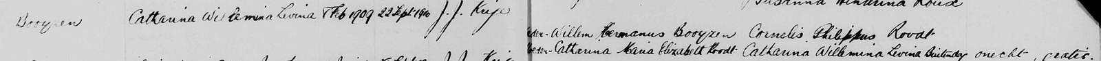 The 1910 entry naming the father as Willem Hermanus Booyzen and the mother as Catharina Maria Elizabeth Roodt, with the remark onecht, gratis.